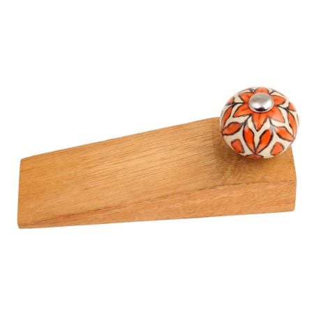 2 Pieces Handmade Orange Floral Ceramic Wooden Door Stopper